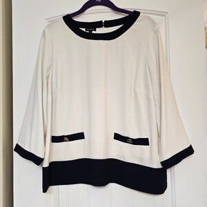 NWT Women's Talbots Career Top 3/4 Sleeve Off White/Navy‎ Blue Trim Size M